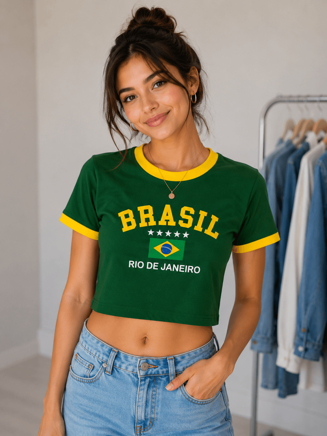 Brasil Rio De Janeiro Ringer Crop Tee - Green